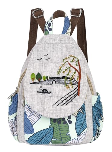 Image of Womens Cotton Hemp Cloth Backpack Boho Vintage Embroidered Casual Purse Handbags Messenger Bag Peacock