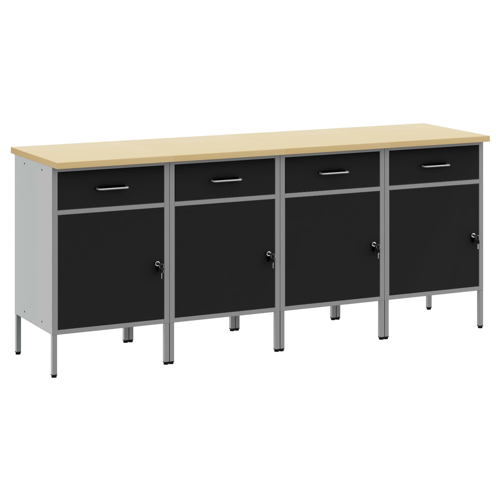 Banco da lavoro con cassetti, 4 pezzi, nero e grigio, 200 x 55 x 85 cm, 200 cm, banco da lavoro (4 cassetti e 4 porte)