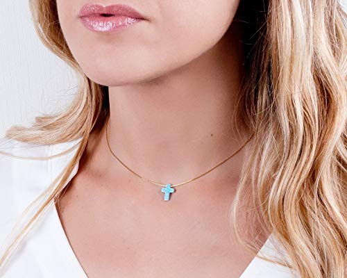 Blue Opal Cross On Thin Gold Filled Choker Necklace - Handmade Minimal Collar - Length: 13.5 Inch + 3 Inch Extender #TOP2