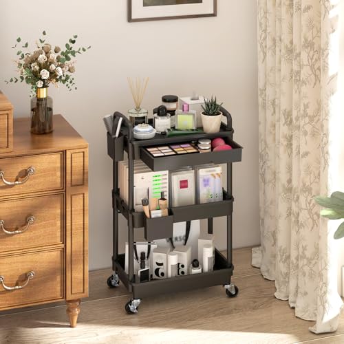 Goovilla キッチンワゴン ローリング 3段 引き出し付き ハンドル付き 収納カップ 仕切板付き 多機能 小物 隙間収納 バスケットラック バスルーム オフィス キッチン用 収納ワゴン 幅37.8×奥行26.9×高さ75.9cm ブラック [4]