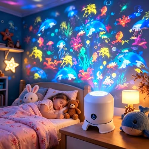 Projector Night Light for Kids Room with Dynamic Sleep Aid Themes of Ocean,Multiple Brightness Levels Dimming & 360° Adjustable Angle, USB Charging, Ideal Gift for Boys Girls Ages 4-10,Birthday Gifts