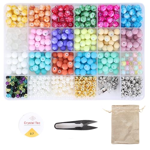 Image of ambitieux DIY Bracelet Making Kit - 24 Colorful Beads, 10m Elastic Thread, Jute Bag, and Cutter - Gift for Girls Birthdays (Glass Beads 2)