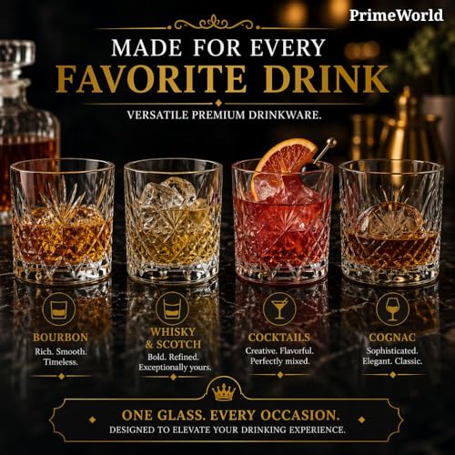 Image of PrimeWorld Crown European Crystal Whiskey Glasses Set of 6 pcs- 300 ml Bar Glass for Drinking Bourbon, Whisky, Scotch, Cocktails, Cognac- Old Fashioned Cocktail Tumblers