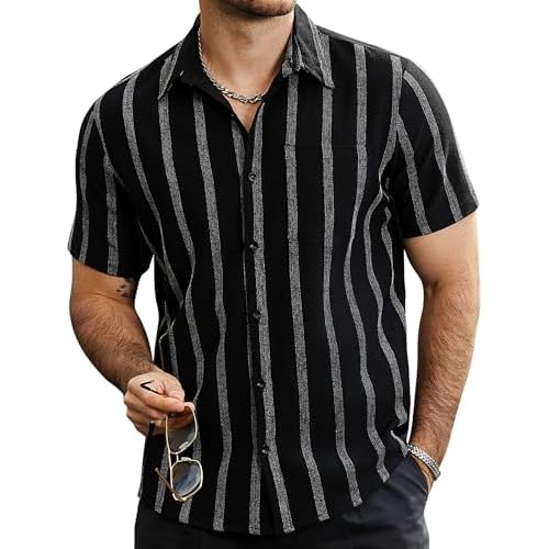 VATPAVE Mens Summer Striped Shirts Button Down Short Sleeve Vintage Beach Hawaiian Shirts with Pocket