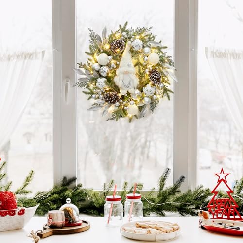 GarveeHome Pre-lit Christmas Wreath for Front Door, 22" Large Lighted Christmas Gnome Wreath, Winter Wreath with Silver White Xmas Balls 30 Lights and Timer for Indoor Outdoor Holiday Decorations