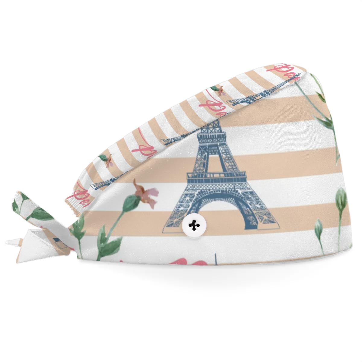 Mularoka Striped Paris Tower Roses Working Caps with Button Sweatband Comfortable Adjustable Bouffant Hats Work Hat for Women Men