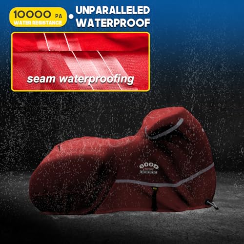 Image of Motorcycle Cover with Side Box Heavy Duty 600D Waterproof for Touring Models Harley Davidson Road King,Road Glide,Street Glide, Electra Glide,Low Rider-ST Indoor & Outdoor Storage Red