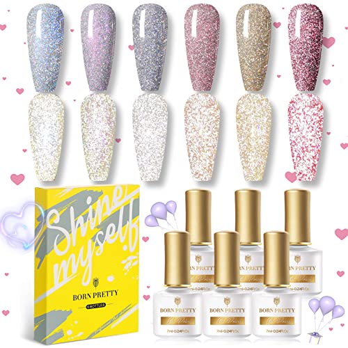 BORN PRETTY Esmaltes Semipermanentes reflectante Glitter, Esmalte de uñas Purpurina, Esmalte de uñas con brillo de diamante, Pintauñas Soak Off UV LED Gel Nail Art Manicure DIY 6 Colores Cover