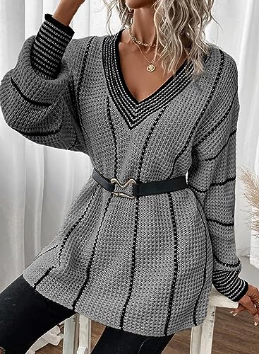 Image of Dokotoo Womens Oversized Striped Tunic Sweaters Casual V Neck Long Sleeve Color Block Knit Pullover Jumper Tops