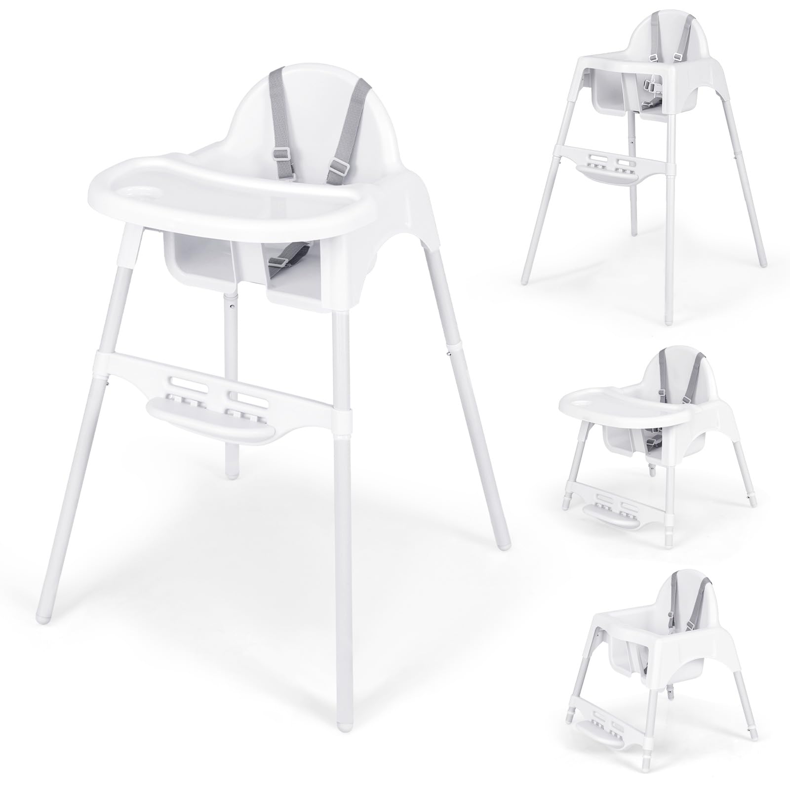 COSTWAY 4 in 1 Seggiolone per Bambini, con Vassoio Regolabile (Bianco) | Seggiolone Papa con Poggiapiedi, Sedia da Terra per Bambini 6-36 Mesi