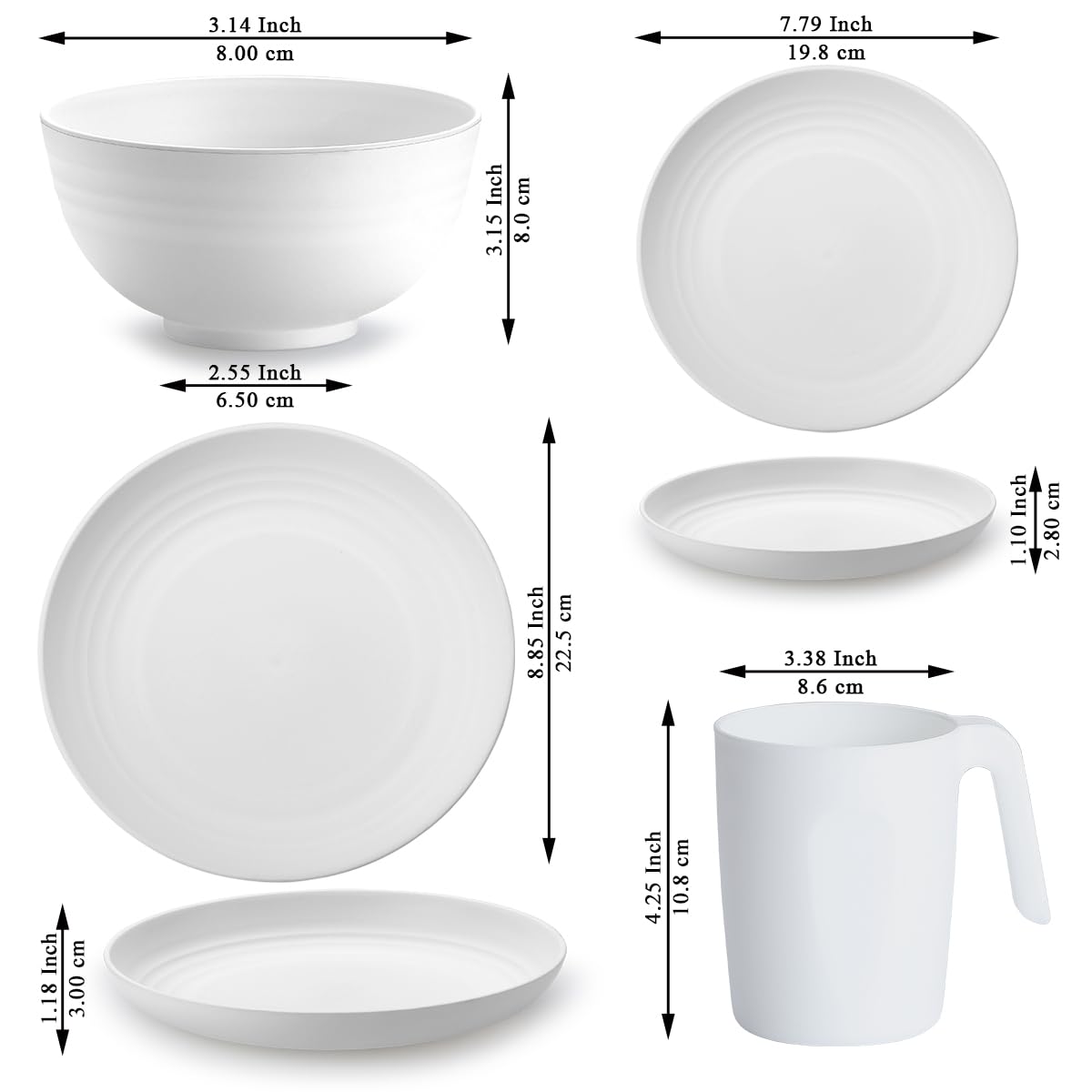Berglander vajilla de plástico blanco Servicio de 24 piezas para 6, juegos de platos y tazones reutilizables incluye platos de cena, plato de postre, tazones de cereales, tazas para el hogar, jardín