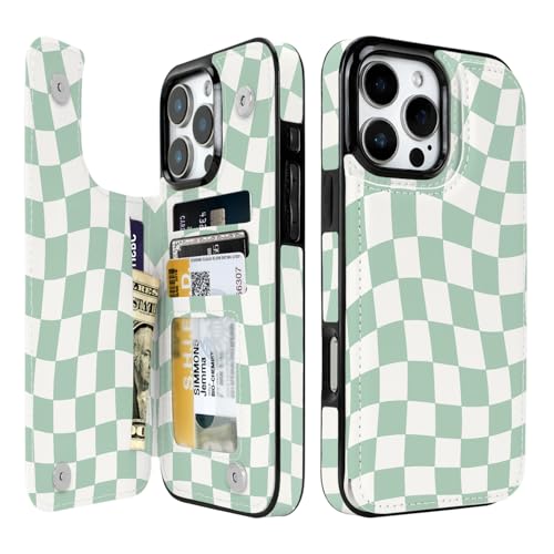 Obbii Compatible with iPhone 16 Pro Max Case Wallet with Card Holder Flip PU Leather Built-in Card Slots Kickstand and Shockproof Case for iPhone 16 Pro Max 6.9 inch Women Men (Green Checkerboard)