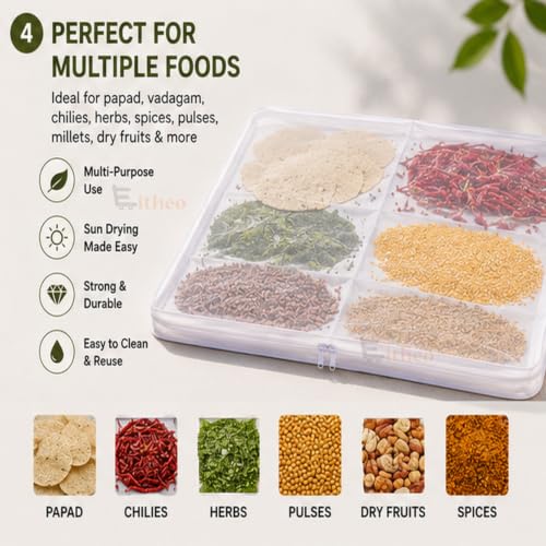 Image of EITHEO Food Drying Net with Zip Cover | Cotton Papad Drying Cloth for Papad, Vadagam, Chillies, Herbs & Spices | Breathable, Washable & Reusable | Bird & Dust Protection | White | Pack of 1 24x36 Inch