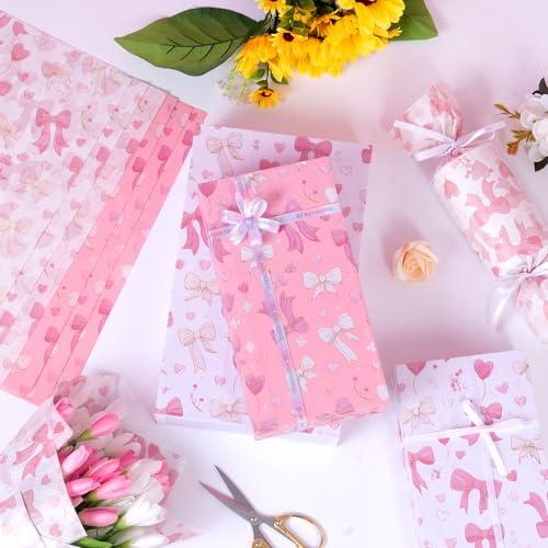 Image of Larcenciel Pink Tissue Paper for Packaging, Bow Balloon Gift Wrap Tissue Paper for Gift Bags, Boxes & Crafts, Pretty Packing Supplies for Birthday, Wedding, Anniversary, Holiday, 60 Sheets 20x14in