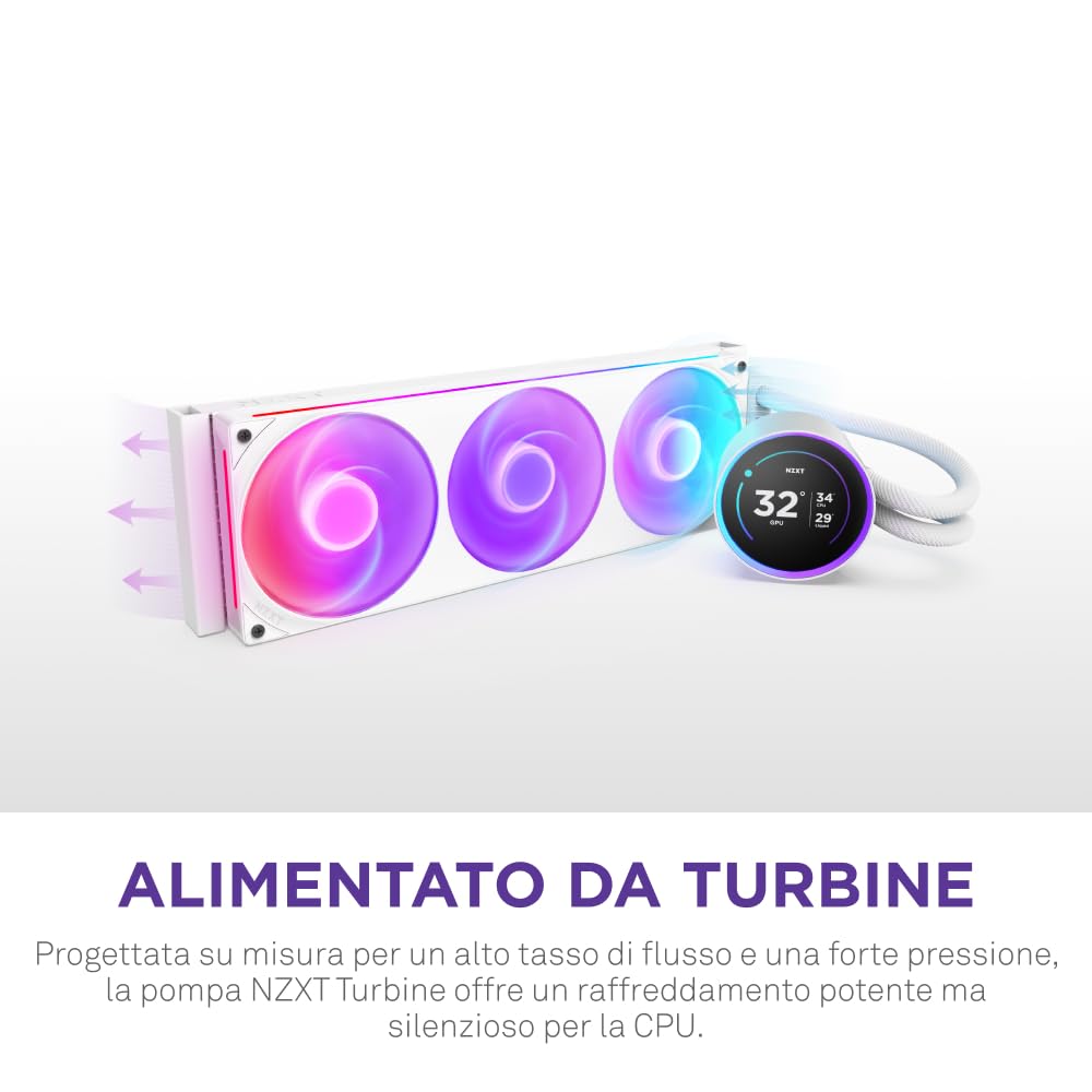 NZXT Kraken Elite 360 RGB - Dissipatore CPU AIO 360mm, LCD - Bianco | AIO 360mm con LCD da 2.36 pollici e ventola F360 RGB Core. Raffreddamento flagship con RGB sincronizzato via CAM.