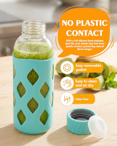 Image of Zukro 16 oz Glass Water Bottles with Protective Silicone Sleeve 6 Pack | Leak Proof Stainless Steel Lids, Non-Slip Reusable Clear Juice Bottle for Juicing, Smoothie, Dishwasher Safe, BPA Free