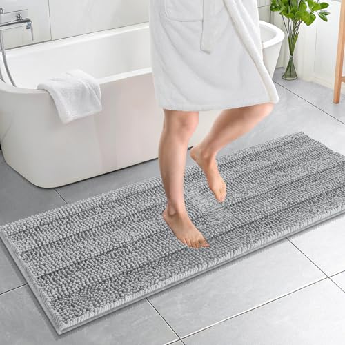 Image of OLANLY Thick Bathroom Runner Rugs 59x20, Absorbent Chenille Striped Bath Rugs, Rubber Backing, Machine Wash, Extra Long Bath Mats for Bathroom Floor, Tub and Shower, Home Decor Accessories, Light Grey