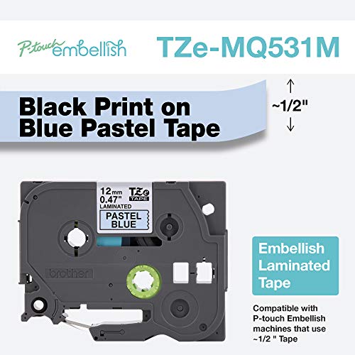 Image of Brother P-Touch Embellish Black Print on Pastel Blue Tape TZEMQ531M - ~ inch Wide x 13.1' Long for use with P-Touch Embellish Ribbon & Tape Printer