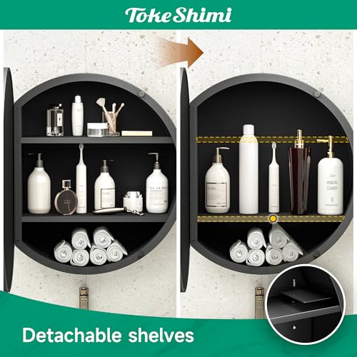 Image of TokeShimi 24 x 24 Round Medicine Cabinet with Mirror, Black Medicine Cabinet, Circle Bathroom Mirror with Storage, Shatterproof with Metal Frame, Detachable Shelves, Wall Mounted Only