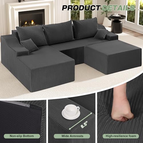 Image of HABUTWAY 94 inch U Shaped Modular Sectional Couch for Living Room, Modular Cloud Sofa with Ottoman, No Assembly Boneless Couches with Deep Seat, Corduroy Fabric (Grey, Left Facing)
