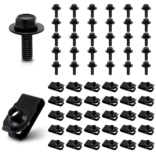 60 Pcs M6-1.0 Clip Nuts U-Style Clip-On Speed Nuts Automotive Carbon Steel Black 1/4-20 Extruded U Type Nuts for Automotive Bumper (30 Nuts + 30 Screws)