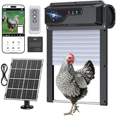 Automatic Chicken Coop Door with Camera, Solar Powered Smart Chicken Door with WiFi App Control, 1080P HD Night Vision, 5000 mAh Battery, Anti-Pinch Safety, Smart Alerts, Space-Saving Roll-Up Design