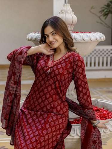Image of PARTHVI|Women's Pure Cotton Printed with Handwork Kurta with Pants and Dupatta Set | Ethnic Set | Suit Set | Kurta Set | Wedding Suit Set