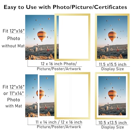 Image of JCJMY 12x16 Picture Frame Gold with 11x14 Mat, Display Photo 11x14 with Mat or 12 x 16 Without Mat, Wall Hanging Large 12 by 16 Frame with Plexiglass, Gold