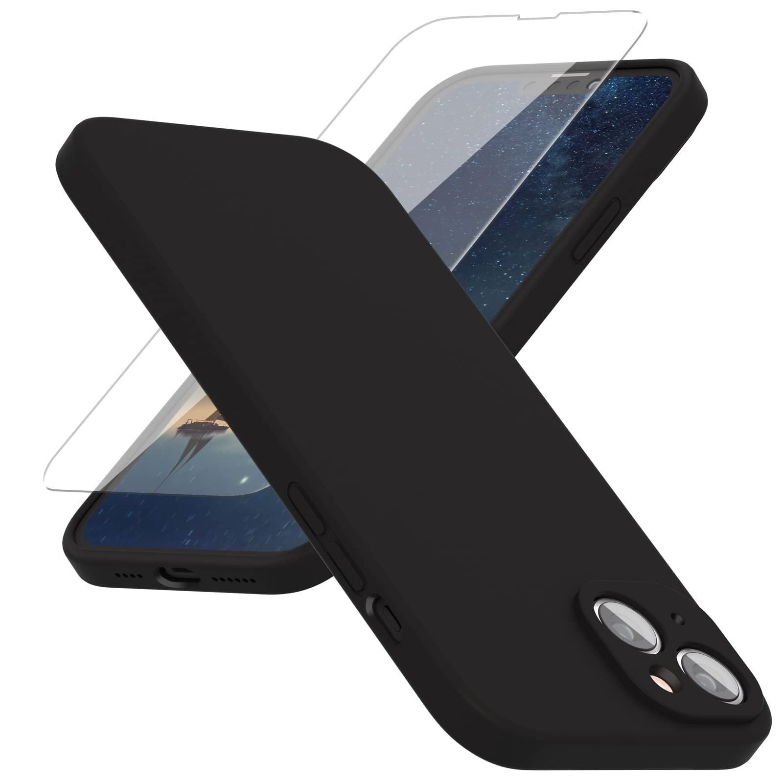 ABITKU Silicone Phone Case for iPhone 14 Plus- Includes 1 Screen Protectors, Soft Anti-Scratch Microfiber Lining - 6.7 inch, Black