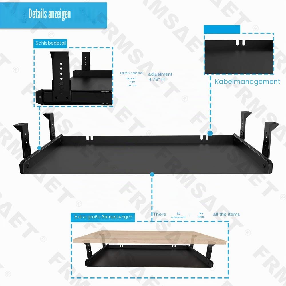 FRMSAET Untertisch-Tastaturablage Ganzmetall-Material 53 cm/ 60 cm/ 76 cm Plattform Computer Schublade Organizer Home Office Küche Schlafzimmer Garage Aufbewahrungswerkzeug.(60 cm, Schwarz)