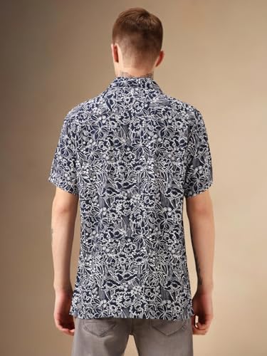 Image of Dennis Lingo Men Navy Blue Rayon Half Sleeve Cuban Collar AOP Shirts