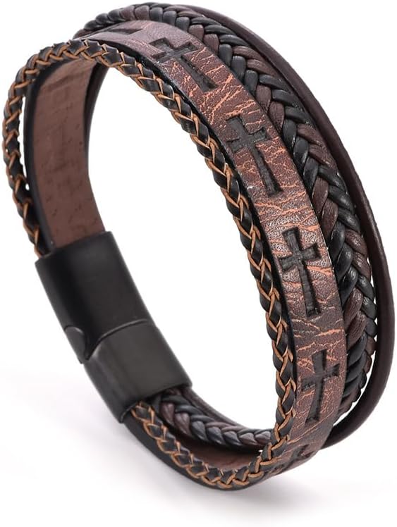 Cross Bracelet for Men,Black/Brown Multi-Layer Leather Cross Bracelet with Stainless Steel Buckle Religious Wristband Christian Jewelry 21 cm 8.26 inches
