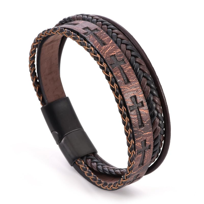 Cross Bracelet for Men,Black/Brown Multi-Layer Leather Cross Bracelet with Stainless Steel Buckle Religious Wristband Christian Jewelry 21 cm 8.26 inches