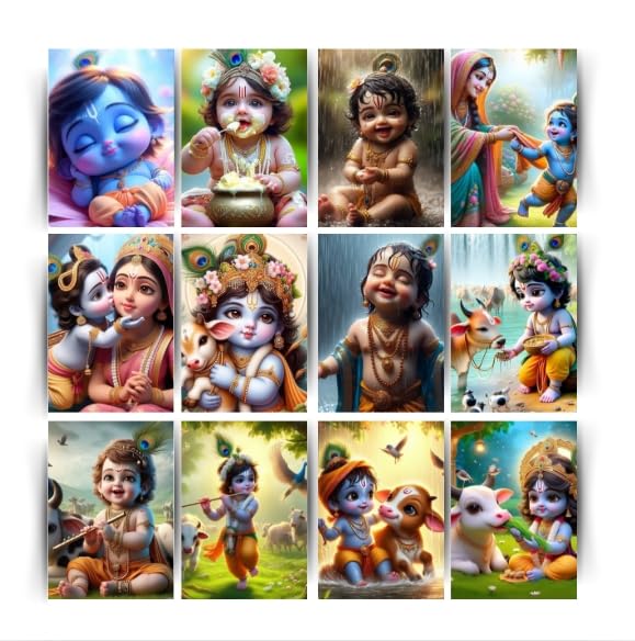 Posters Inc Set of 12 Positive Vibes Bal Krishna Wall Stickers | Cute Baby Krishna Posters for Pregnant Women & Kids Room | HD Print on 300 GSM A4 (8x12 Inch) with Glue Dots | Aesthetic Baby God Wall Art, Nursery & Home Decor