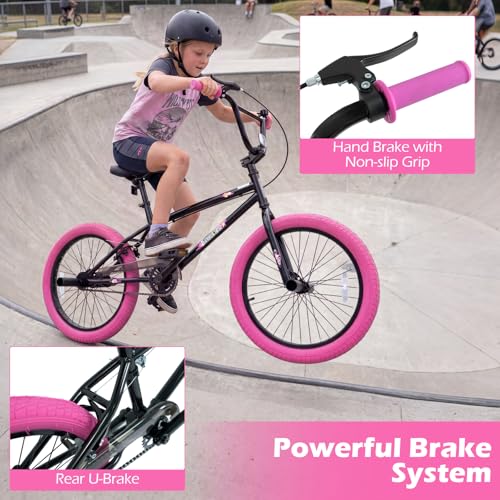 Image of Goplus Freestyle BMX Bike, 20 inch Trick Bicycle w / 360 Degree Steering, 4 Pegs, Adjustable Seat, U-Brake, Hi-Ten Steel Frame, Training Bike for Beginner Riders Teens Youth Boys Girls
