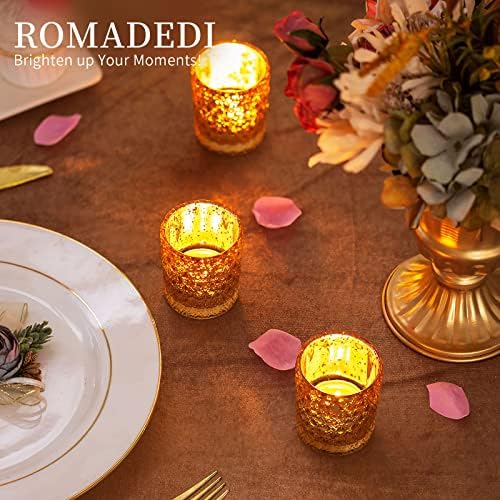 Romadedi Votive Candle Holder Gold - Set of 12 Tealight Holders Bulk Glass Mercury Table Centerpiece for Tea Light Candles Wedding Party Decoration Christmas Home Decor