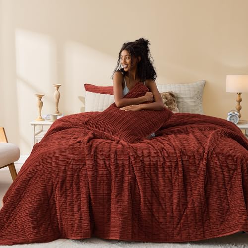 Image of Wonderful Corduroy Texture Reddish Brown Quilt Set Queen - Hypoallergenic Skin-Friendly Soft Plush Velvety Touch Bedspread, Classic Vertical Striped Lightweight Coverlet for All Season, 94 inchx94 inch