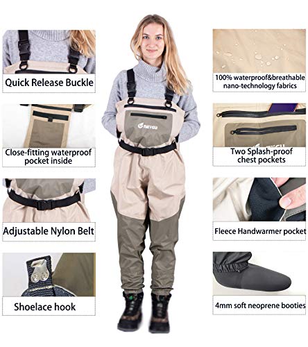 NEYGU Breathable & Waterproof Wader Attached 4MM Neoprene Stockingfoot,fit for Fishing, Hunting, Camping Quick-Dry Chest Wader Protect User from Cold,Tan 3XL