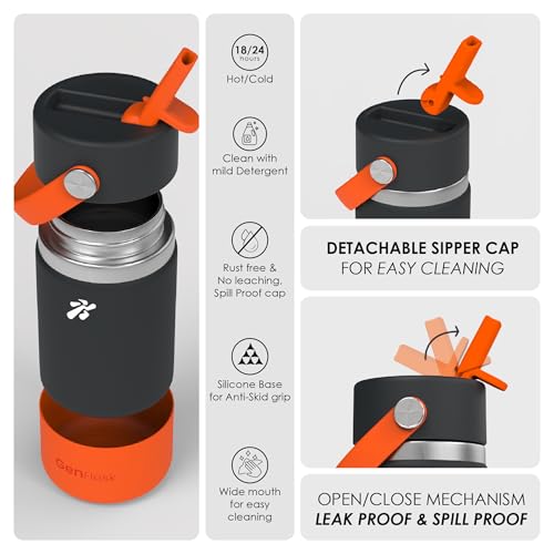 Image of VBOTT GENFLASK-Ozil -380 ml|Thermosteel Flask with Straw Sipper & Carrying Loop| SS 304 Water Bottle|Hot /Cold-18 /24 hrs|Insulated Bottles|Dark Grey /Orange Colour|Multipurpose