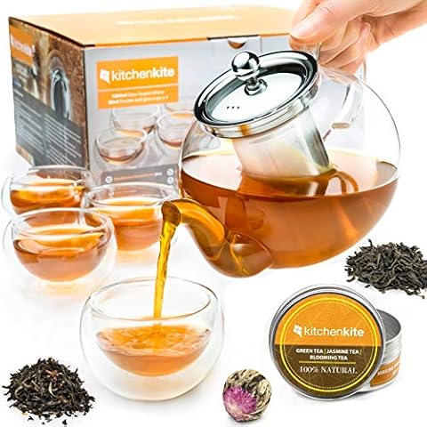 Stovetop Safe Tea Kettle, Holds 4-6 Cups, Glass Teapot with Infuser Set, Extra 4 Double Wall 80ml Cups, Removable Stainless Steel Strainer, Microwave, Dishwasher Safe, Blooming & Loose Leaf Tea Pot Cover