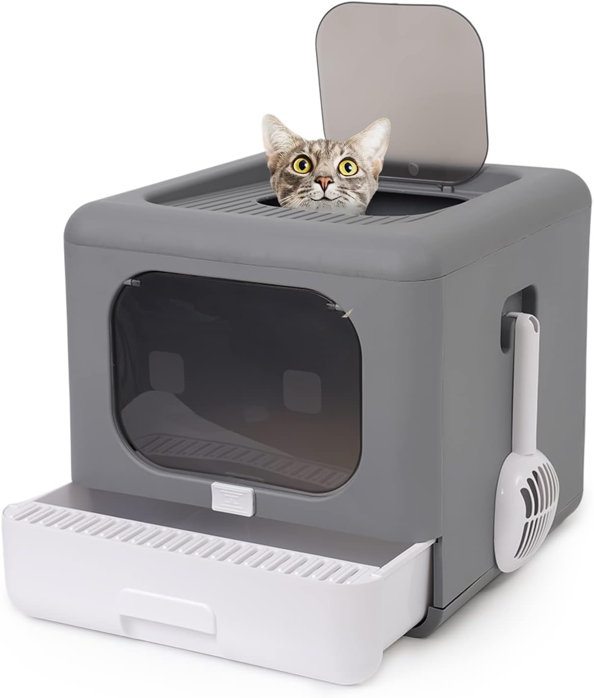 Bandeja de Arena para Gatos, Caja de Arena Plegable Cerrada con Puerta Delantera y Entrada Desde Arriba, fácil Limpieza, Bandeja para Gatos a Prueba de Salpicaduras (Gris)