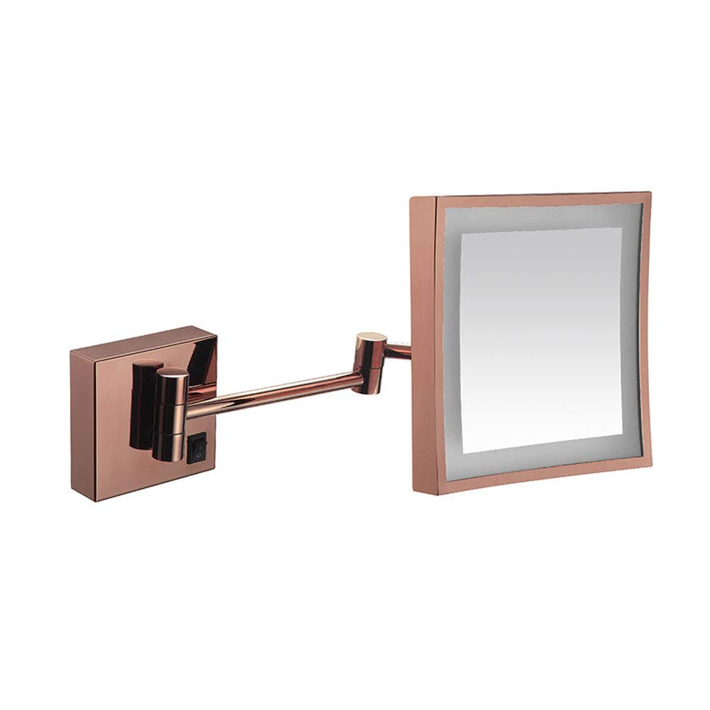 Espejo de afeitar for baño Espejo de maquillaje con carga USB montado en la pared con luces LED y aumento de 3X Espejo de tocador cuadrado de un solo lado Batería de litio incorporada extensible 20X20