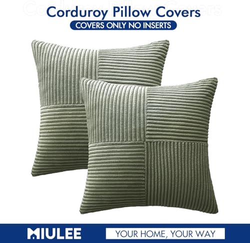 Image of MIULEE Light Olive Green Decorative Throw Pillow Covers 18x18 Inch for Couch Bed Sofa Pack of 2 Boho Farmhouse Throw Pillows Soft Cross Corduroy Patchwork Textured Cushion Cases