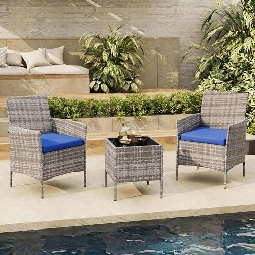 Image of GAOMON 3-Piece Patio Conversation Bistro Set - PE Rattan Wicker - 2 Cushioned Chairs & Tempered Glass Coffee Table - Water-Resistant Cushions for Backyard, Porch, Balcony, Poolside - Grey /Blue