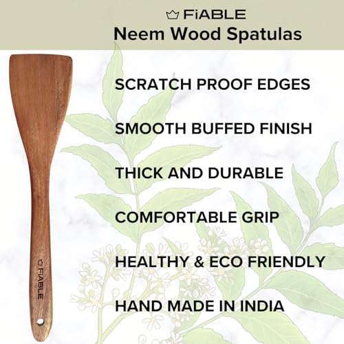 Image of FiABLE Pure Neem Wood Spatula Set for Cooking Dosa, Chapati, paratha and Mixing, No Harmful Polish, Naturally Antimicrobial and Non Stick - Flip & Toss Set of 3