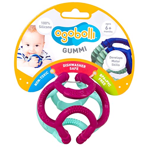 Image of OgoBolli Gummi Teething Ring Textured Sensory Ball Toy for Babies & Toddlers - Stretchy, Soft Non-Toxic Silicone - Age 6+ Months - Watermelon