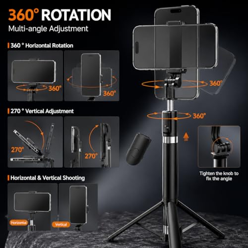 Image of Gismo LED Selfie Stick with Bluetooth Remote, Extendable Phone Holder, 360 Rotating Mount, Foldable Vlogging Accessory for iPhone & Android, Travel, Reels, Live Streaming, Photography- Black