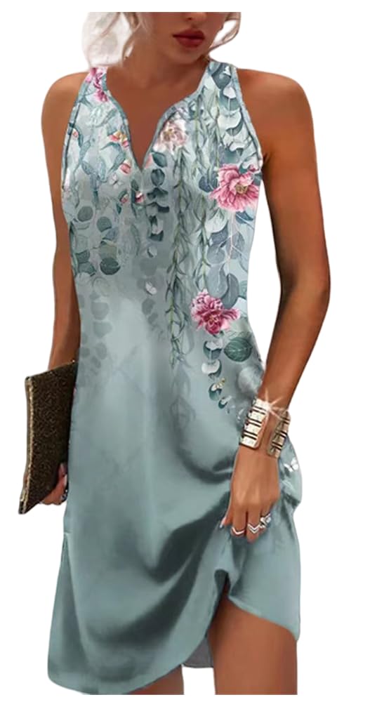 ROFUSSO Vestidos de Verano para Mujer Boho Beach Dress Vestido Casual Sin Mangas Elegante Vestido Bohemio de Tirantes Cuello en V Flor Mini Vestido S-2XL