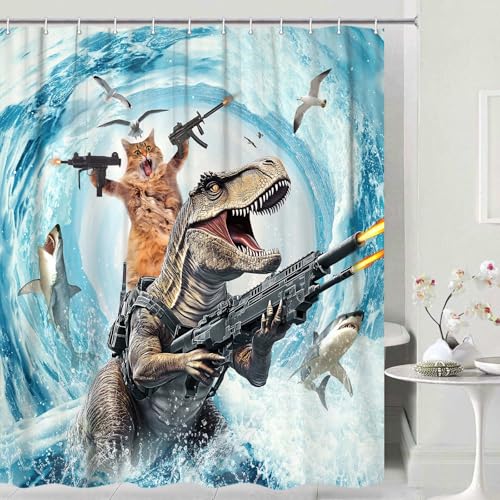 Image of Funny Cat Shower Curtain Set, Cute Cat Riding Dinosaur Theme Ocean Curtains for Bathroom Fun Nautical Kids Decor Polyester Fabric Restroom Curtains