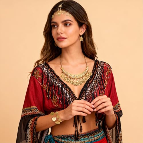 Collar Pulsera Tocado Pendientes Estilo Vintage, Conjunto de Joyas Estilo Boho para Mujer, Accesorios para Danza del Vientre Mujer para Carnavales Fiestas - imagen 6